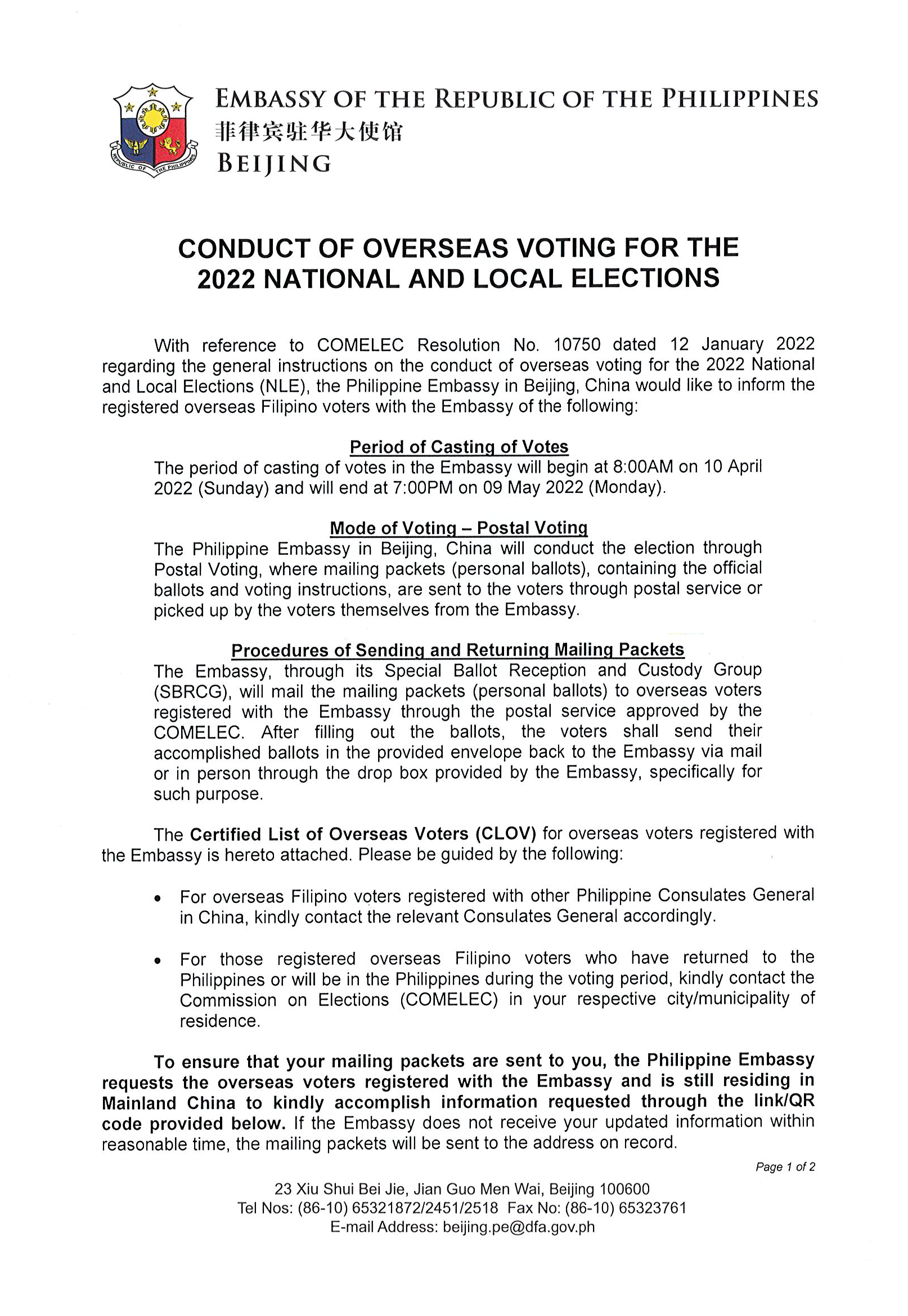 Conduct of Overseas Voting for the 2022 National and Local Elections Page 1